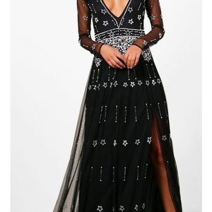 Boohoo Plunge Star Maxi Dress Sz10 TALL Black NWT